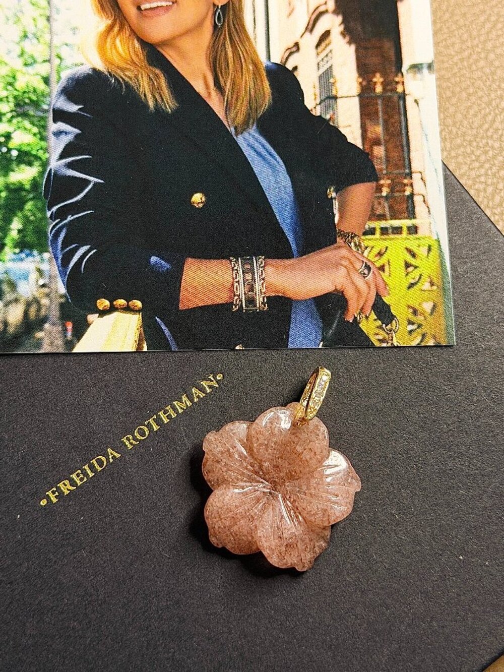 FREIDA ROTHMAN VAULT - Rose Pink Flower Pendant Necklace Quartz Floral Charm